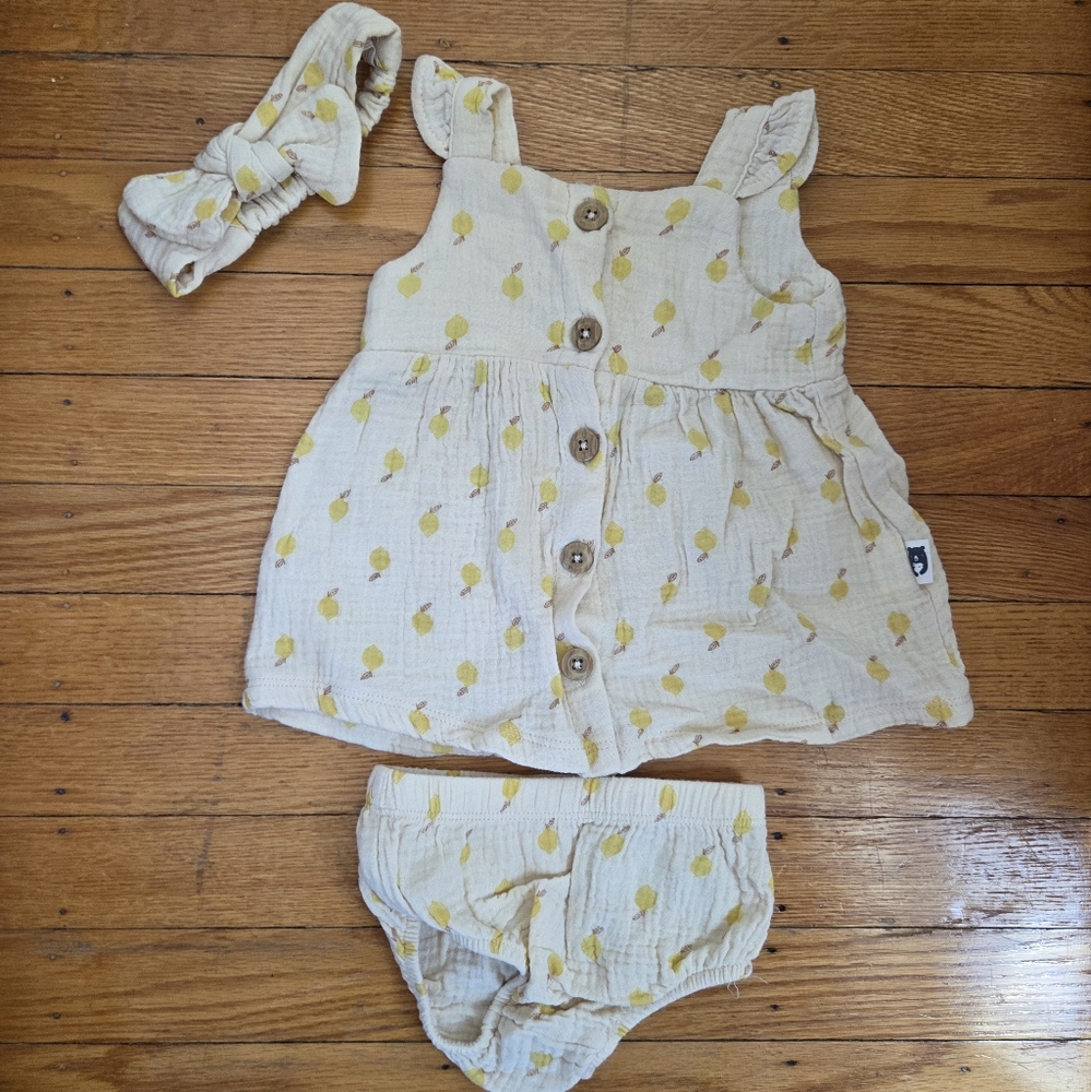 Rabbit + Bear Yellow Patterned Dress, Bloomer, Headband Set 3-6M Baby Girl